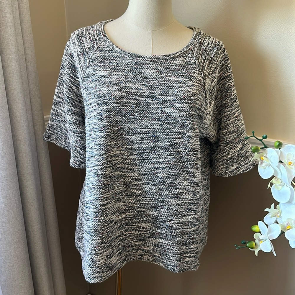 LOFT Marled black and white sweater with colorful thread accents